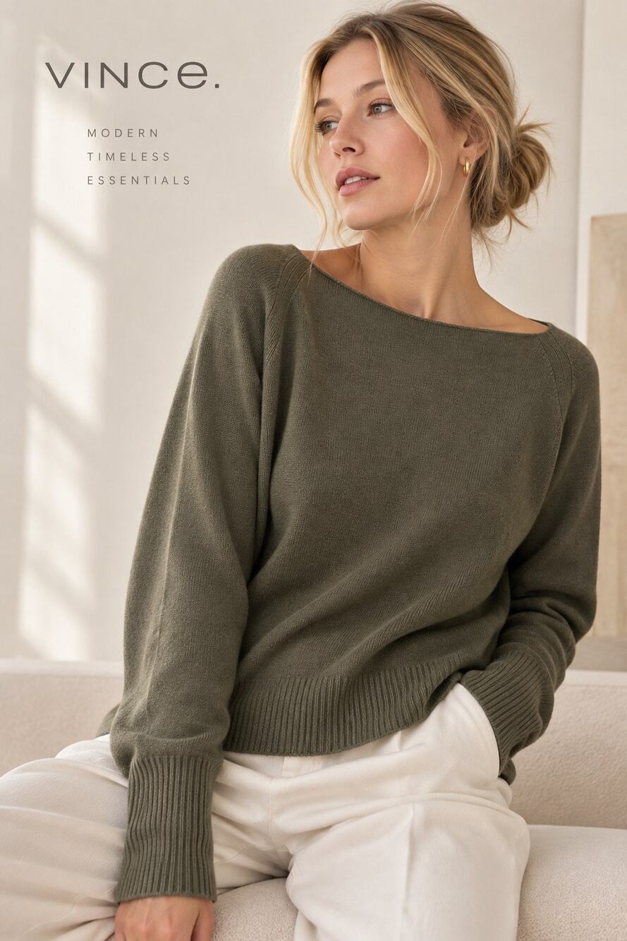 Vince 100% Cashmere Boat Neck Sweater L Olive Green Quiet Luxury Minimalist Knit